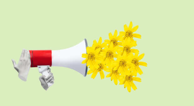 Graphische Darstellung eines Megaphons, mit gelben Blumen statt Schall