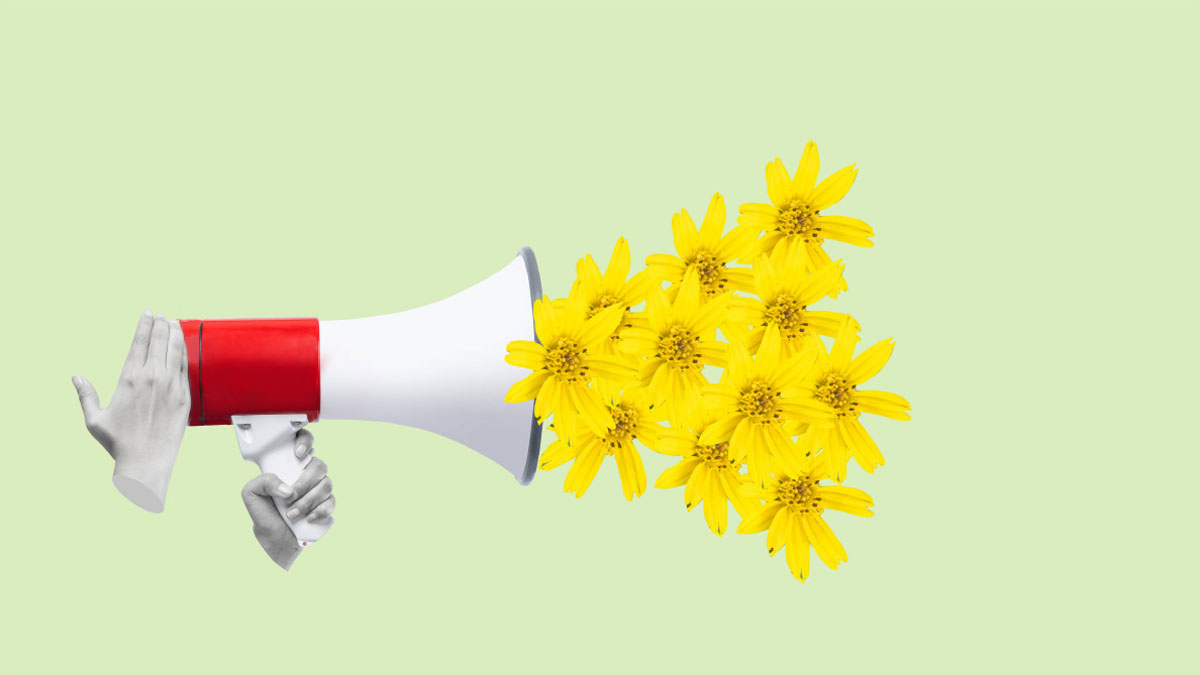 Graphische Darstellung eines Megaphons, mit gelben Blumen statt Schall