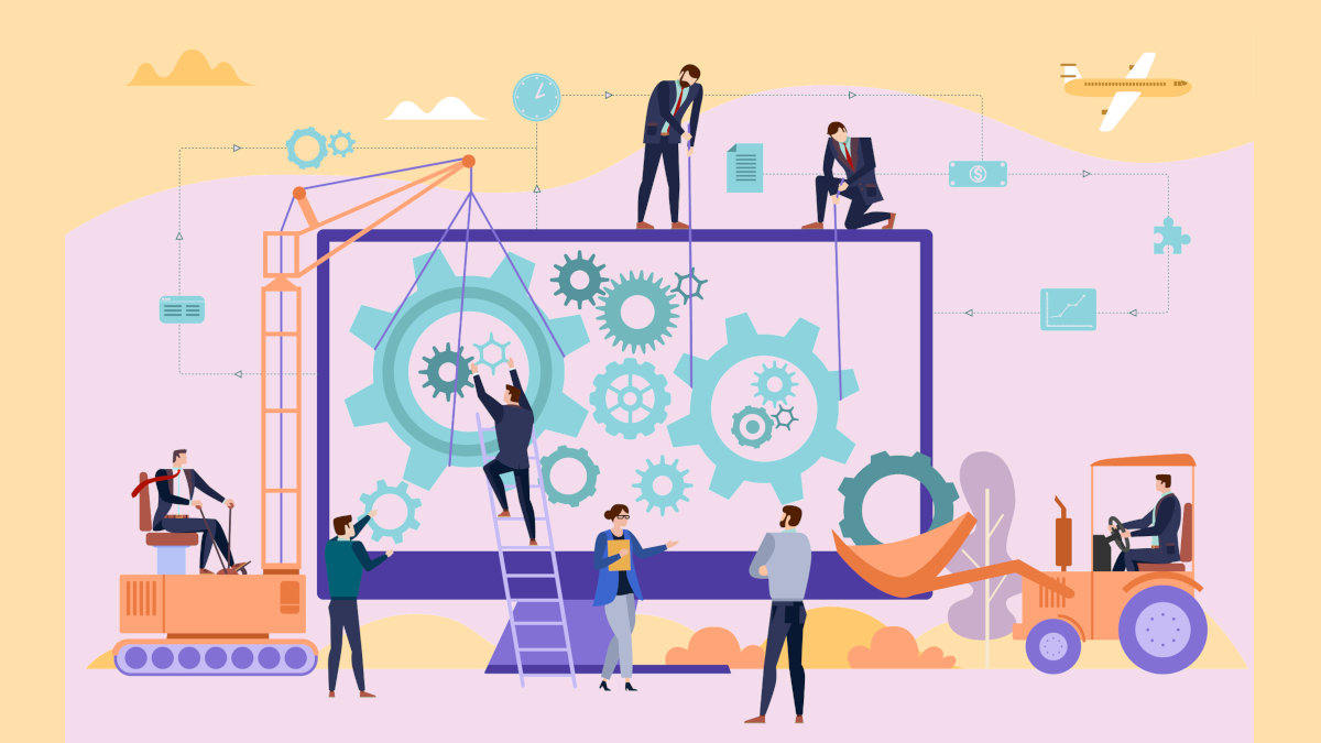 Einige Menschen stehen vor, neben und auf einem riesigen Bildschirm, auf dem große Zahnräder zu sehen sind. Die Menschen greifen auf verschiedene Arten in die Zahnräder ein.