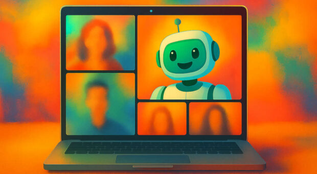 Digitales Meeting auf einem Laptop Bildschirm mit mehreren Personen. Die Personen sind verschwommen und ein Teilnehmer ist ein Roboter