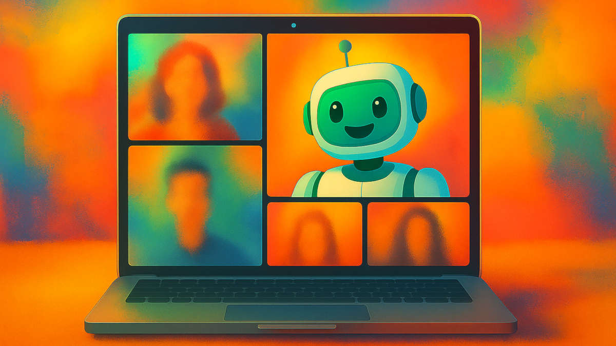Digitales Meeting auf einem Laptop Bildschirm mit mehreren Personen. Die Personen sind verschwommen und ein Teilnehmer ist ein Roboter