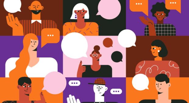 Graphische Darstellung von verschiedenen Personen mit Sprechblasen