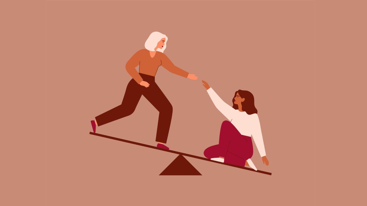 Zwei Frauen sind auf einer Wippe. Die linke Frau (stehend) reicht der rechten Frau (sitzend) die Hand.