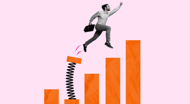 Graphische Darstellung einer Person mit Aktentasche, die von einer Sprungfeder ein aufsteigendes Balkendiagramm hinauf geschleudert wird