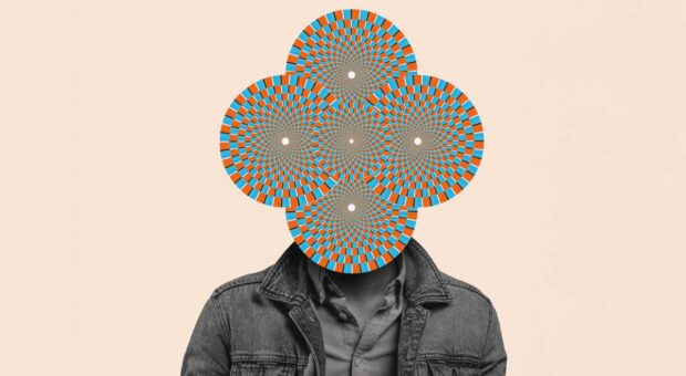 Eine menschliche Silhouette, aber wo sonst der Kopf ist, ist eine Raute aus vier bunt karierten Kreisen zu sehen.