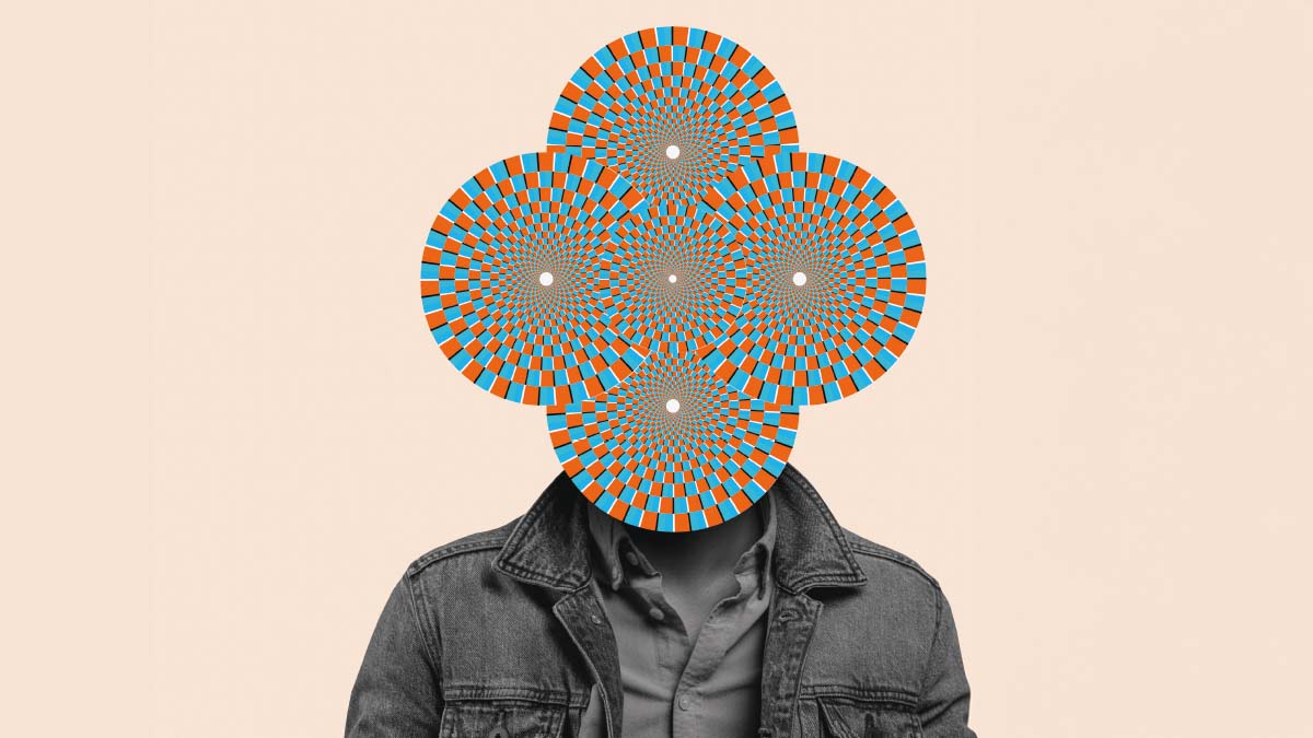 Eine menschliche Silhouette, aber wo sonst der Kopf ist, ist eine Raute aus vier bunt karierten Kreisen zu sehen.