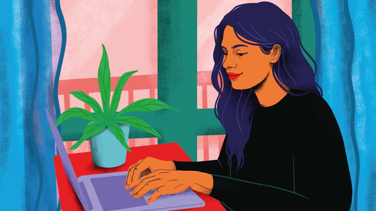 Grafik einer Person an einem Laptop vor einem Fenster