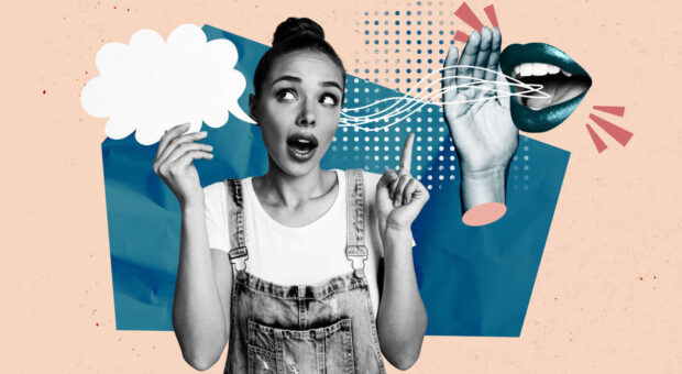 Collage einer Frau, der ein schwebender Mund etwas zuflüstert