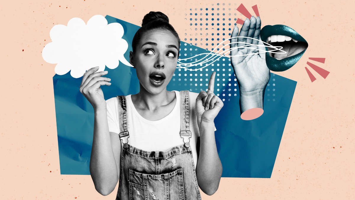 Collage einer Frau, der ein schwebender Mund etwas zuflüstert