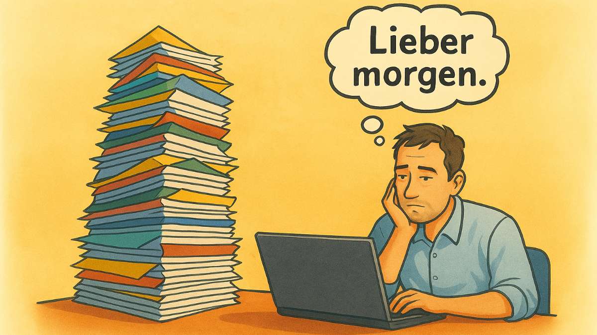 Illustration von einem Mann, der vor einem Berg Aufgaben sitzt und denkt: Lieber Morgen