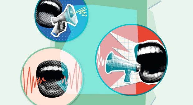 Collage weit aufgerissener Münder mit Megafonen und anderen Symbolen für Schall