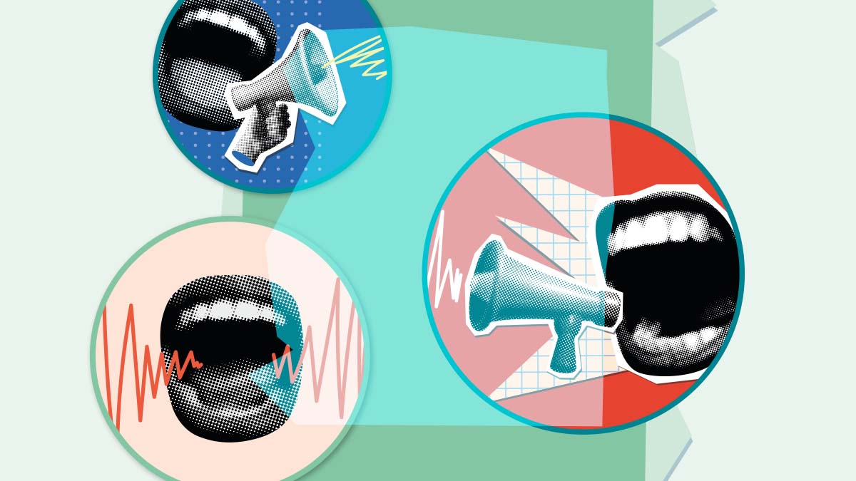 Collage weit aufgerissener Münder mit Megafonen und anderen Symbolen für Schall