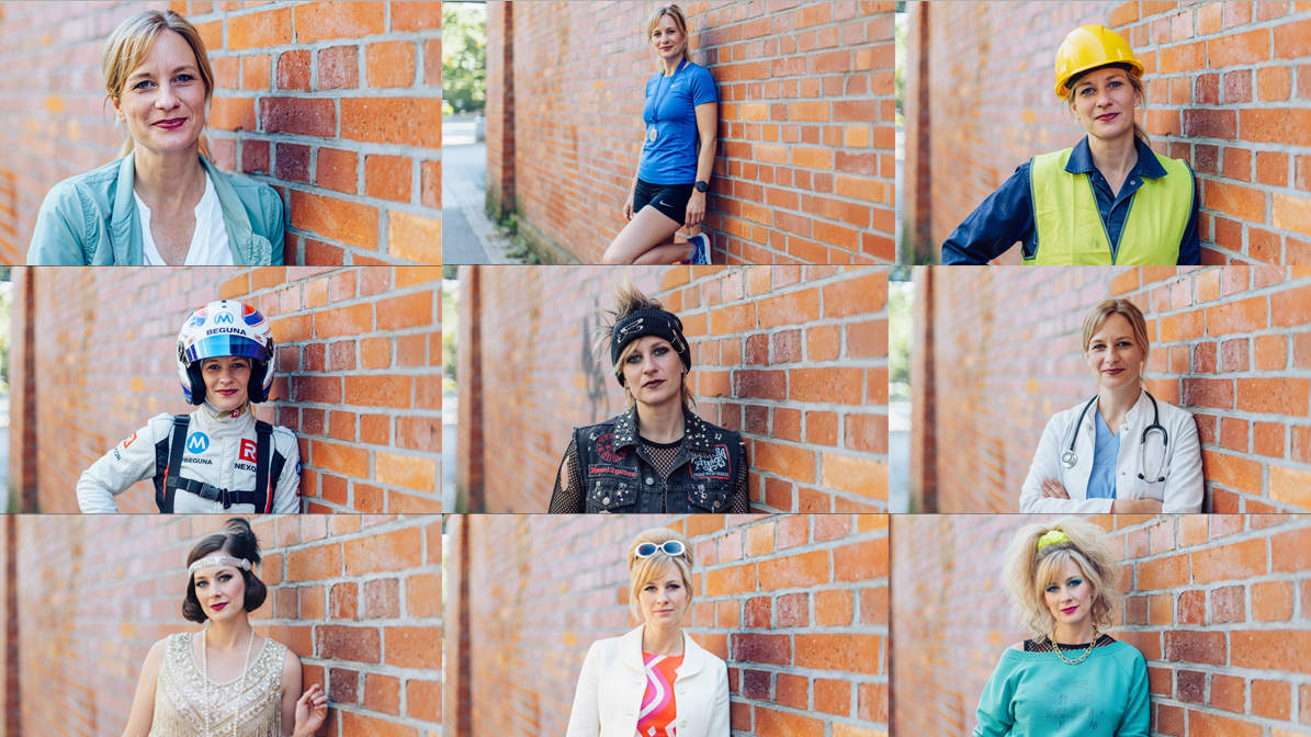 Neun fotorealistische Bilder der impulse-Chefredakteurin in unterschiedlichen Outfits und mit verschiedenen Frisuren