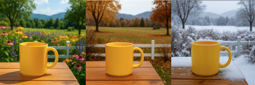 Drei Bilder einer gelben Tasse auf einem hölzernen Tisch. In jedem Bild zeigt der Hintergrund eine andere Jahreszeit.