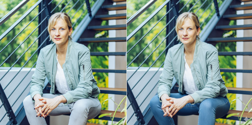 impulse-Chefredakteurin Nicole Basel auf zwei sehr ähnlichen Fotos. Auf dem rechten Bild hat die Jeans eine dunklere Farbe.
