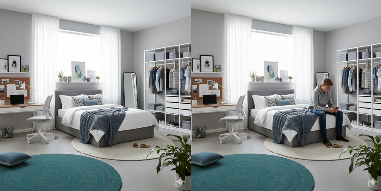 Zwei ähnliche Abbildungen eines hellen Zimmers. Im rechten Bild ist ein Jugendlicher zu sehen, der auf der Bettkante sitzt.