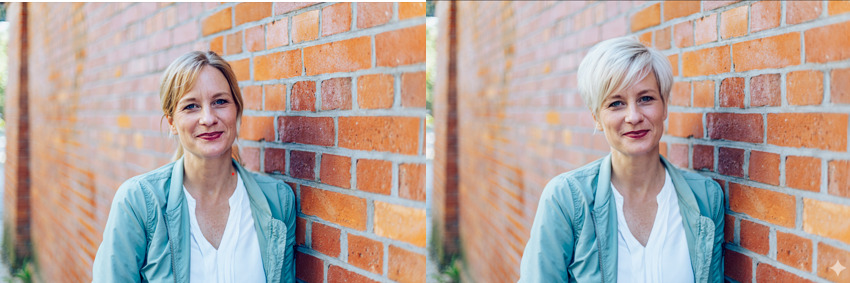 impulse-Chefredakteurin Nicole Basel auf zwei ähnlichen Fotos. Links mit längeren, blonden Haaren in einem Pferdeschwanz, rechts mit weißblondem Pixiecut.