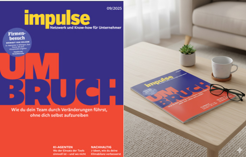 Zweigeteiltes Bild: links ist das Cover eines impulse-Magazins zu sehen, rechts ist das Magazin auf einem Couchtisch liegend ín einem hell gehaltenen Raum zu sehen.