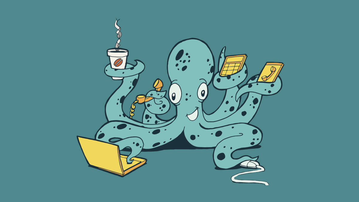 Ein Oktopus mit einem Kaffeebecher, einem Smartphone und einem Notizblock an drei verschiedenen Tentakeln. Ein vierter Tentakel tippt auf einem Laptop.