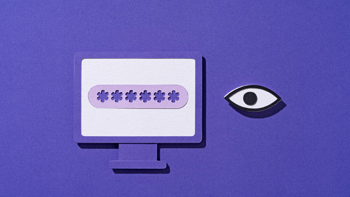 Papierschnitt eines Computerbildschirms mit einem Passwort darauf und einem einzelnen Auge, dass auf diesen Bildschirm schaut, rechts daneben.