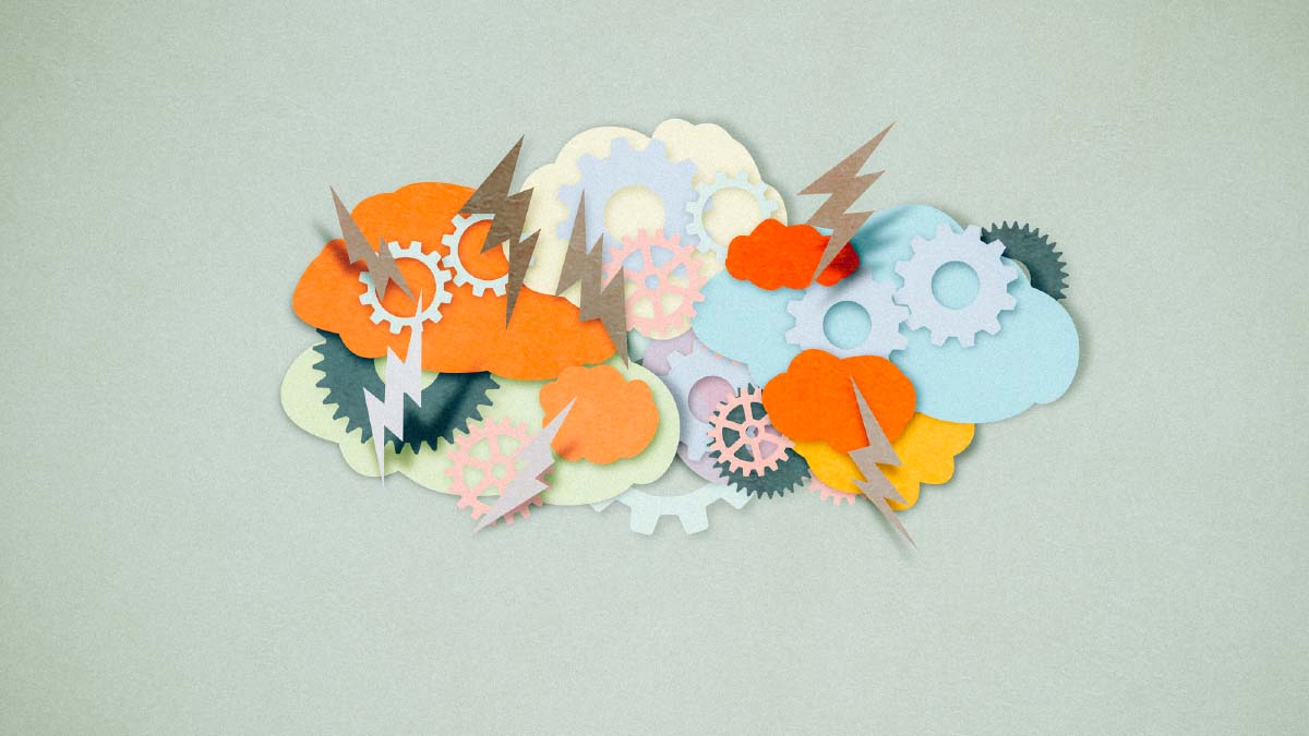 Scherenschnitt mit Wolken, Blitzen und Zahnrädern zur symbolischen Darstellung von Stress