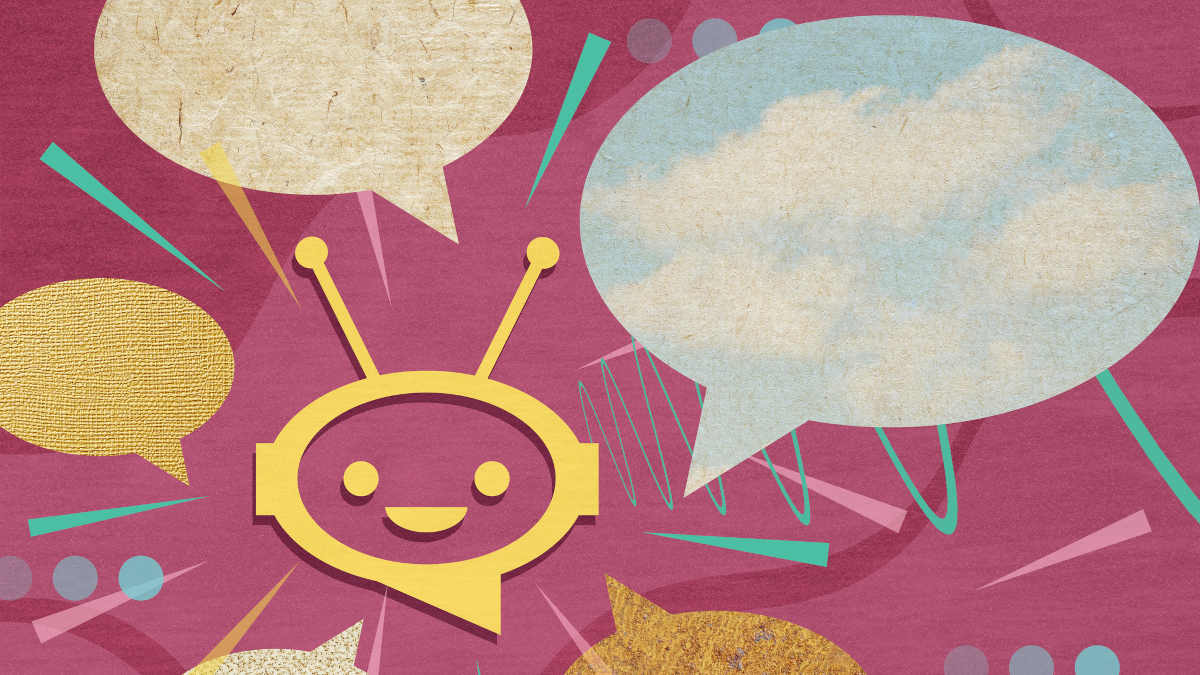 Silhouette von einem Roboterkopf und Sprechblasen