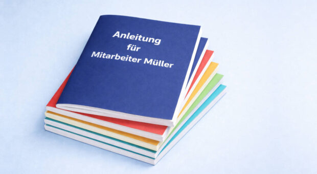 Ein Stapel bunter Handbücher auf hellblauem Untergrund. Auf dem obersten steht "Anleitung für Mitarbeiter Müller"
