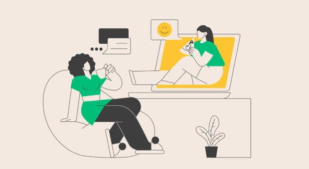 Illustration von zwei Menschen, ein Mensch sitzt auf einem Hocker, der zweite Mensch sitzt in einem Laptop