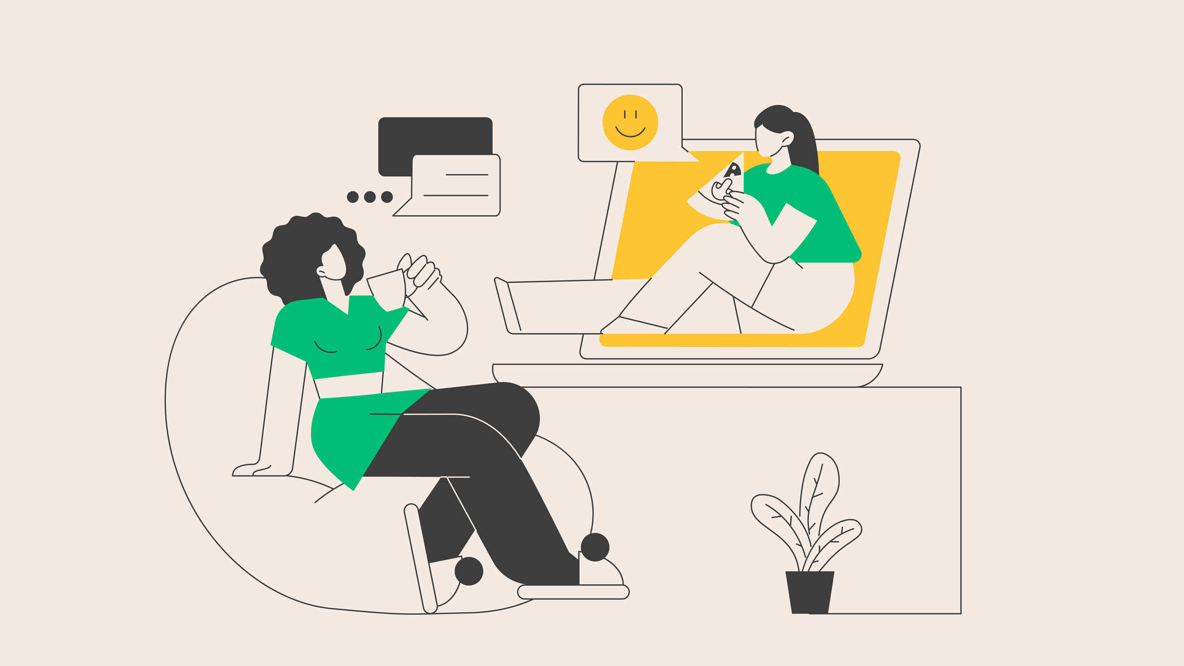 Illustration von zwei Menschen, ein Mensch sitzt auf einem Hocker, der zweite Mensch sitzt in einem Laptop