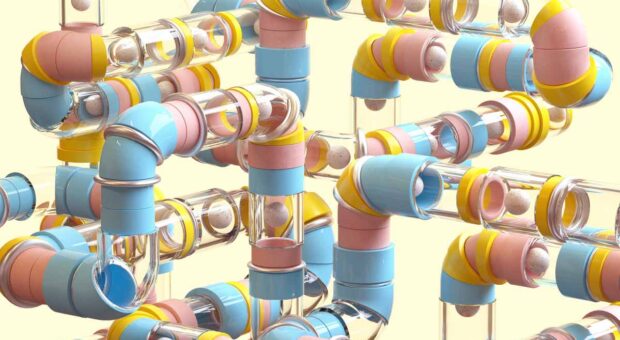 Ein Gewirr bunter Röhren auf gelbem Hintergrund.