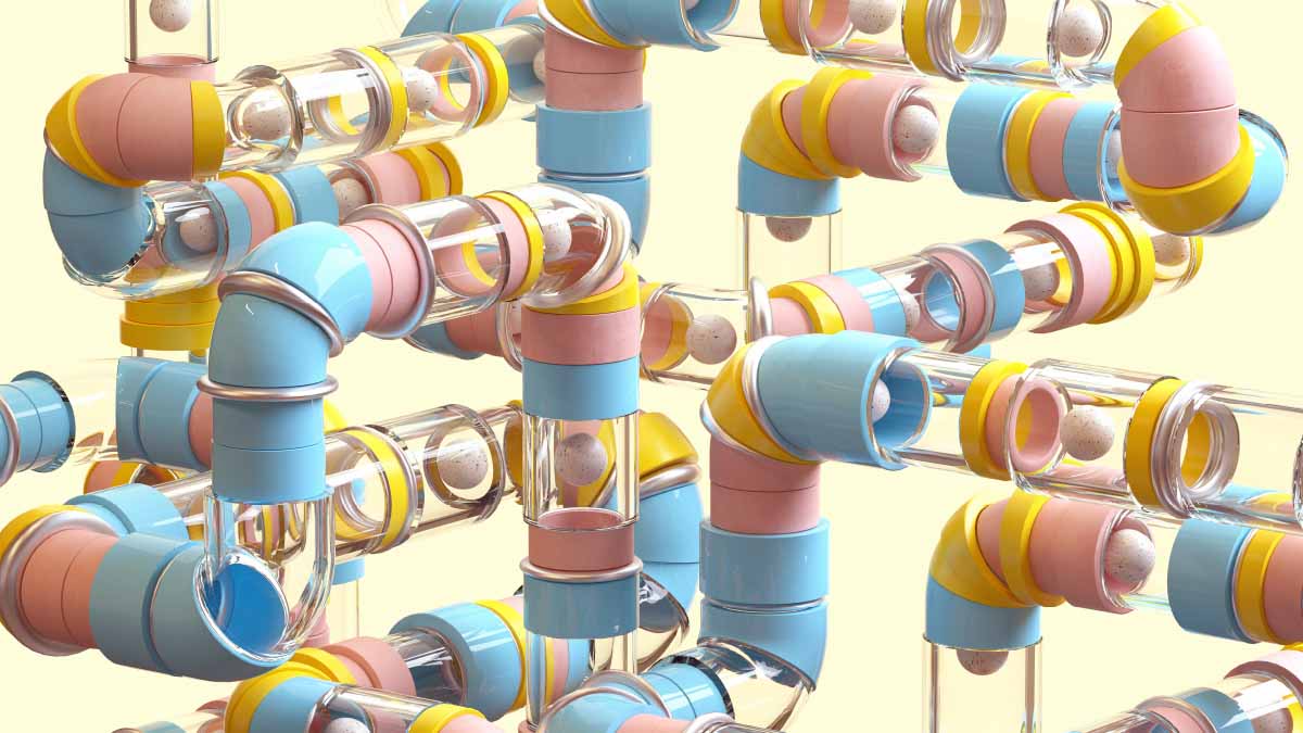 Ein Gewirr bunter Röhren auf gelbem Hintergrund.